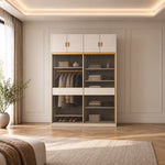 Sazfilora 2 Glass Sliding Door Closet Cabinet featuring light middle bands alongside brass-tone edging in a sunlit bedroom.