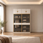 Sazfilora 2 Glass Sliding Door Closet Cabinet featuring light middle bands alongside brass-tone edging in a sunlit bedroom.
