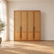 Segustona 4 Door Wooden Wardrobe beside a bedroom window, featuring four cane-front doors and separate lower door panels.
