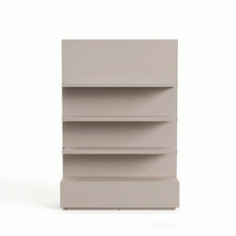 Alternate view of Shelpo Beige Salon Product Display Stand, showing open display shelves and spacious base cabinet.