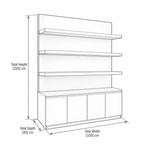 Shelponi White Salon Product Display Stand size sketch showing three long display shelves; 150 cm wide and 205 cm high.