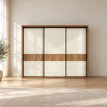 Sidedora 3 Sliding Door Wardrobe against a bedroom wall, featuring a horizontal wood band and a broad rectangular front.