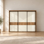 Sidedora 3 Sliding Door Wardrobe against a bedroom wall, featuring a horizontal wood band and a broad rectangular front.