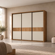 Sidedora 3 Sliding Door Wardrobe, with three cream sliding panels and a horizontal wood band beside a bedroom window.