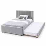 Sillavony Light Grey Kids Trundle Bed with light grey upholstery and narrow headboard channels against a white backdrop.