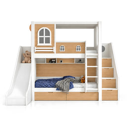 Slemnry Oak Kids Bunk Bed with Slide & Storage