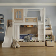 Slemnry Oak Kids Bunk Bed with Slide & Storage