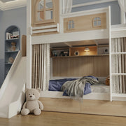 Slemnry Oak Kids Bunk Bed with Slide & Storage