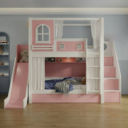 Slemnry Pink Kids Bunk Bed with Slide & Storage