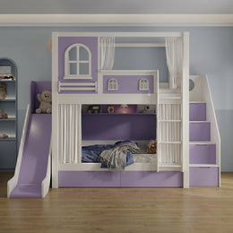 Slemnry Purple Kids Bunk Bed with Slide & Storage