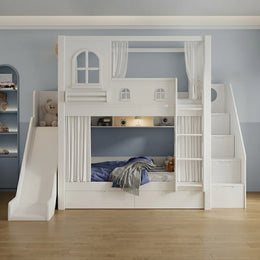 Slemnry White Kids Bunk Bed with Slide & Storage