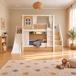 Slemnry Oak Kids Bunk Bed with Slide and Storage pairs a white slide with an upper window detail beside a playroom window.