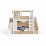 Slemnry Oak Kids Bunk Bed with Slide and Storage, showing an upper window detail alongside curtains at both levels.