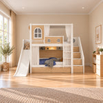 Slemnry Oak Kids Bunk Bed with Slide and Storage, detailed with curtains at both levels on a patterned playroom rug.