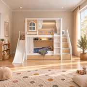 Slemnry Oak Kids Bunk Bed with Slide and Storage featuring storage stairs alongside a white slide beside a playroom window.