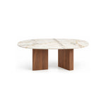 Sonozelia Marble Top 6-Seater Dining Table with a rounded tabletop edge and a walnut-look base against a white backdrop.
