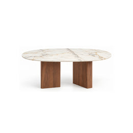 Sonozelia Marble Top 6-Seater Dining Table with a rounded tabletop edge and a walnut-look base against a white backdrop.