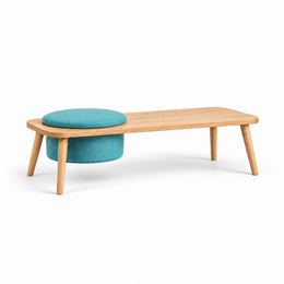 Stepsoly Kids Wooden Floor Table with Pouf, detailed with a light wood finish and a round teal pouf on a white background.