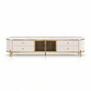 Stillvolra White Marble Top TV Unit on a white background, showing a white marble top alongside gold-framed glass doors.