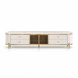Stillvolra White Marble Top TV Unit on a white background, showing a white marble top alongside gold-framed glass doors.