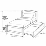 Stompora Grey Kids Trundle Bed drawing with an extended side trundle, labelled 210 cm long, 100 cm wide and 100 cm high.