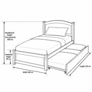 Stompora Grey Kids Trundle Bed drawing with an extended side trundle, labelled 210 cm long, 100 cm wide and 100 cm high.