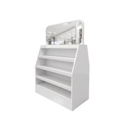 Alternate view of Storanish White Salon Product Display Stand, showing multiple open display shelves and built-in mirror.