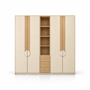 Stylonsy Wooden Wardrobe with Shelves and Drawers, detailed with wood-tone vertical bands against a white backdrop.