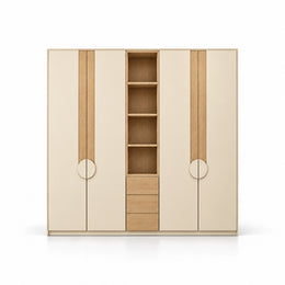 Stylonsy Wooden Wardrobe with Shelves and Drawers, detailed with wood-tone vertical bands against a white backdrop.