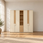 Stylonsy Wooden Wardrobe with Shelves and Drawers pairs three lower drawers with circular door pulls in a furnished bedroom.