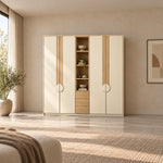 Stylonsy Wooden Wardrobe with Shelves and Drawers, showing circular door pulls and central open shelving in a sunlit bedroom.