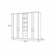 Stylonsy Wooden Wardrobe with Shelves and Drawers drawing with wood-tone vertical bands, labelled 220 × 55 × 220 cm.