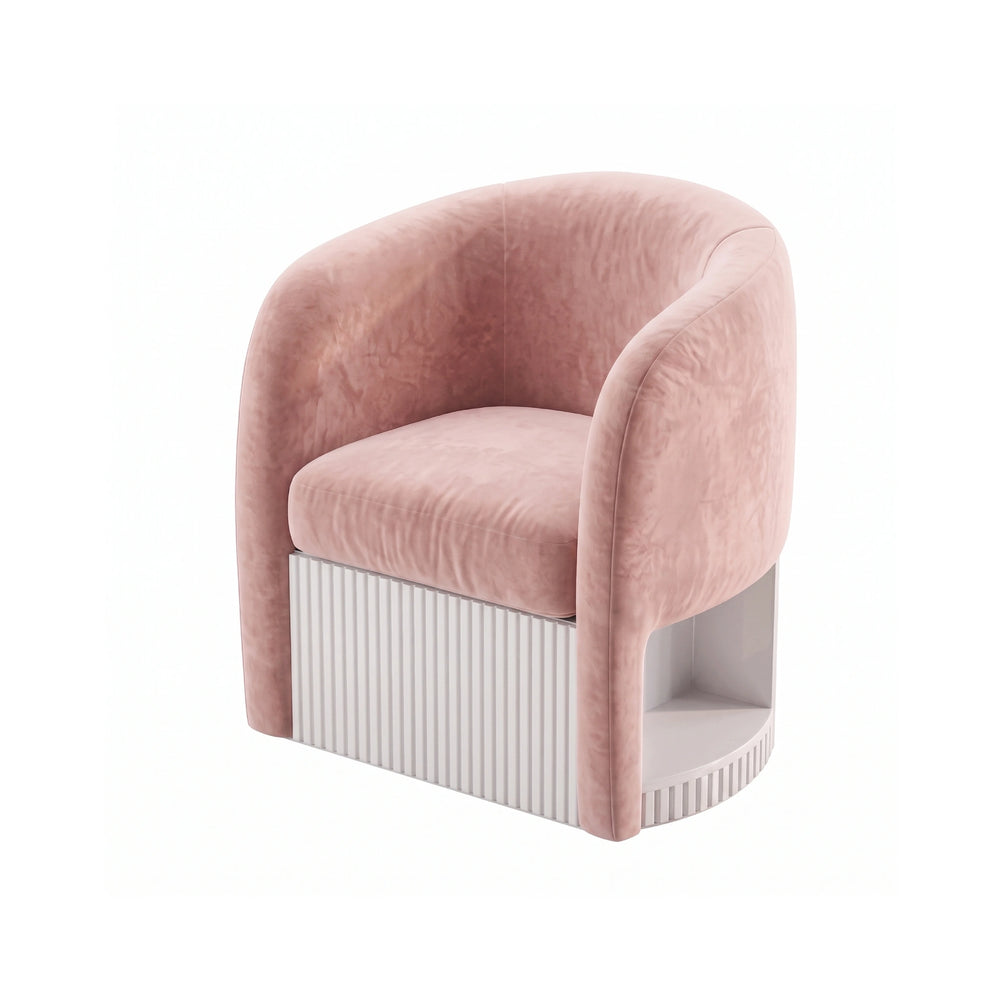 Alternate view of Tiara Pink Velvet Manicure Chair with Side Shelf, showing curved Backrest for a modern salon interior.
