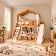 Tiekode Wooden Kids Bunk Bed with Slide and Storage Stairs, with a woman and child seated beneath the house-shaped frame.