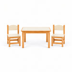 Tischona Kids Table with 2 Chairs displays curved-top back panels together with ivory chair seats viewed from the front.