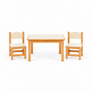 Tischona Kids Table with 2 Chairs displays curved-top back panels together with ivory chair seats viewed from the front.