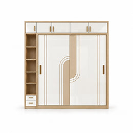 Tolisivo Wooden Wardrobe with Sliding Door and Shelves featuring a narrow side shelf tower against a white backdrop.