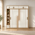 Tolisivo Wooden Wardrobe with Sliding Door and Shelves, detailed with curved accent detailing in a furnished bedroom.