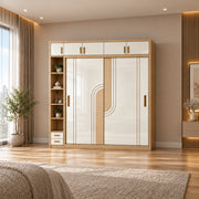 Tolisivo Wooden Wardrobe with Sliding Door and Shelves combines two base drawers with upper cupboards in a furnished bedroom.