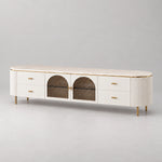 Tostemo White Marble Top TV Unit featuring a pale marble top alongside twin arched centre doors against a grey backdrop.