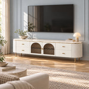 Tostemo White Marble Top TV Unit: a pale marble top, four side drawers and slim gold-tone legs against a living room wall.