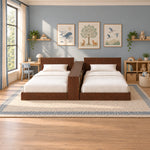Tribekio Wooden Kids Twin Beds with Storage Shelf product photo showing two low-profile beds in a clean studio setting.