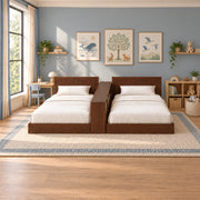 Tribekio Wooden Kids Twin Beds with Storage Shelf product photo showing two low-profile beds in a clean studio setting.