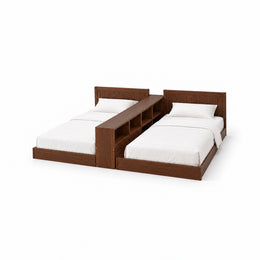 Alternate view of Tribekio Wooden Kids Twin Beds with Storage Shelf, showing two low-profile beds in a modern home setting.