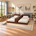 Tribekio Wooden Kids Twin Beds with Storage Shelf product view showing two low-profile beds in a balanced home interior.