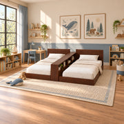 Tribekio Wooden Kids Twin Beds with Storage Shelf product view showing two low-profile beds in a balanced home interior.