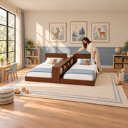 Additional view of Tribekio Wooden Kids Twin Beds with Storage Shelf, showing long central divider and open cubby shelving.
