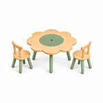 Twinboomy Flower Shaped Kids Table with 2 Chairs, detailed with curved wooden chair backs against a white backdrop.