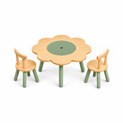 Twinboomy Flower Shaped Kids Table with 2 Chairs, detailed with curved wooden chair backs against a white backdrop.