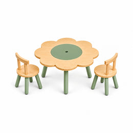 Twinboomy Flower Shaped Kids Table with 2 Chairs, detailed with curved wooden chair backs against a white backdrop.